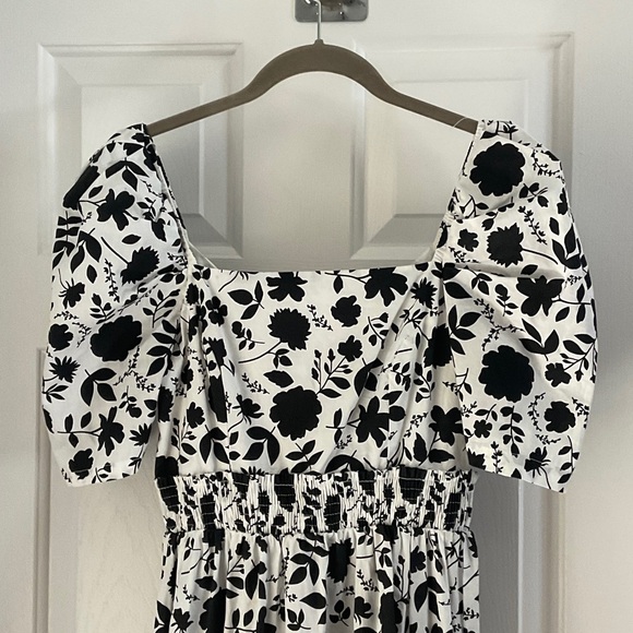 Aqua Black and White Floral Tiered Maxi Dress with Smocked Waist - Picture 2 of 6
